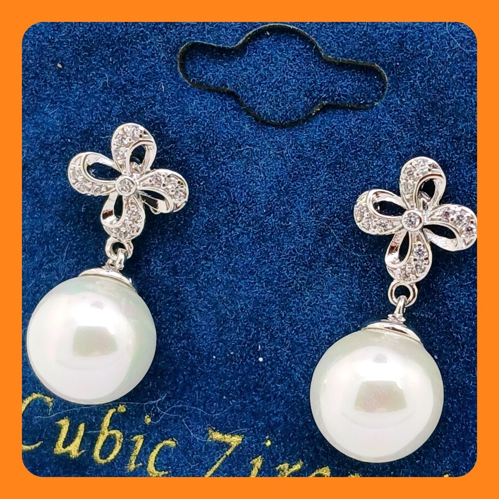 Vintage 1990s Cubic Zirconia Faux Pearl Drop Earrings Silver Tone Bow Floral New